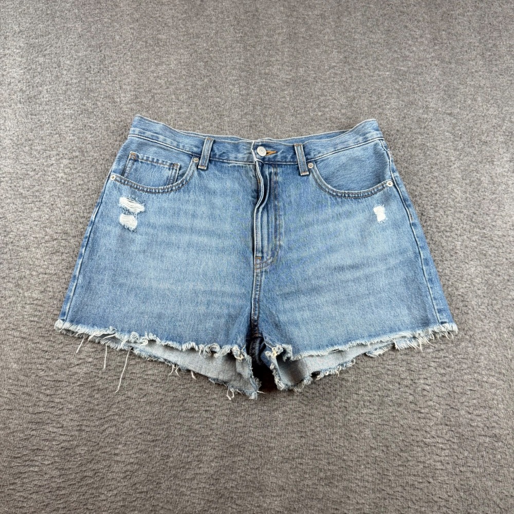 Uniqlo‎ Denim Shorts Women's 28 Blue Distressed Raw Hem High Rise 221-450293